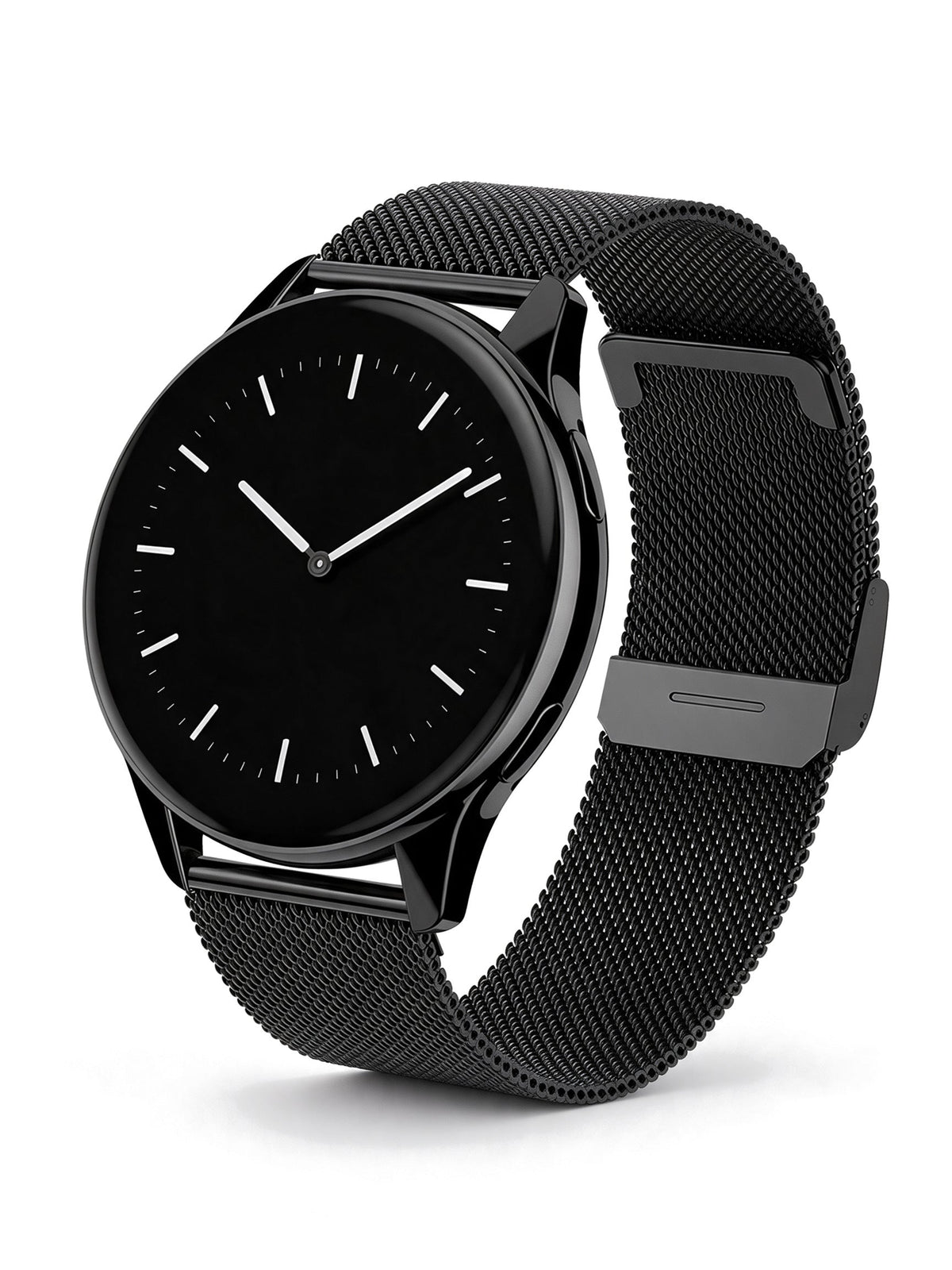 Round Smart Watch in Black with mesh strap — product shot on white