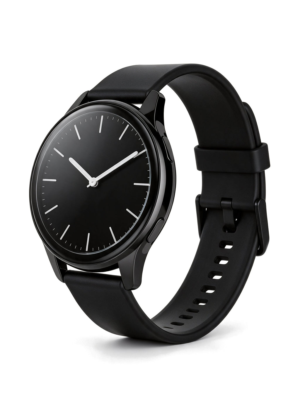 Round Smart Watch in Black with silicone strap — product shot on white