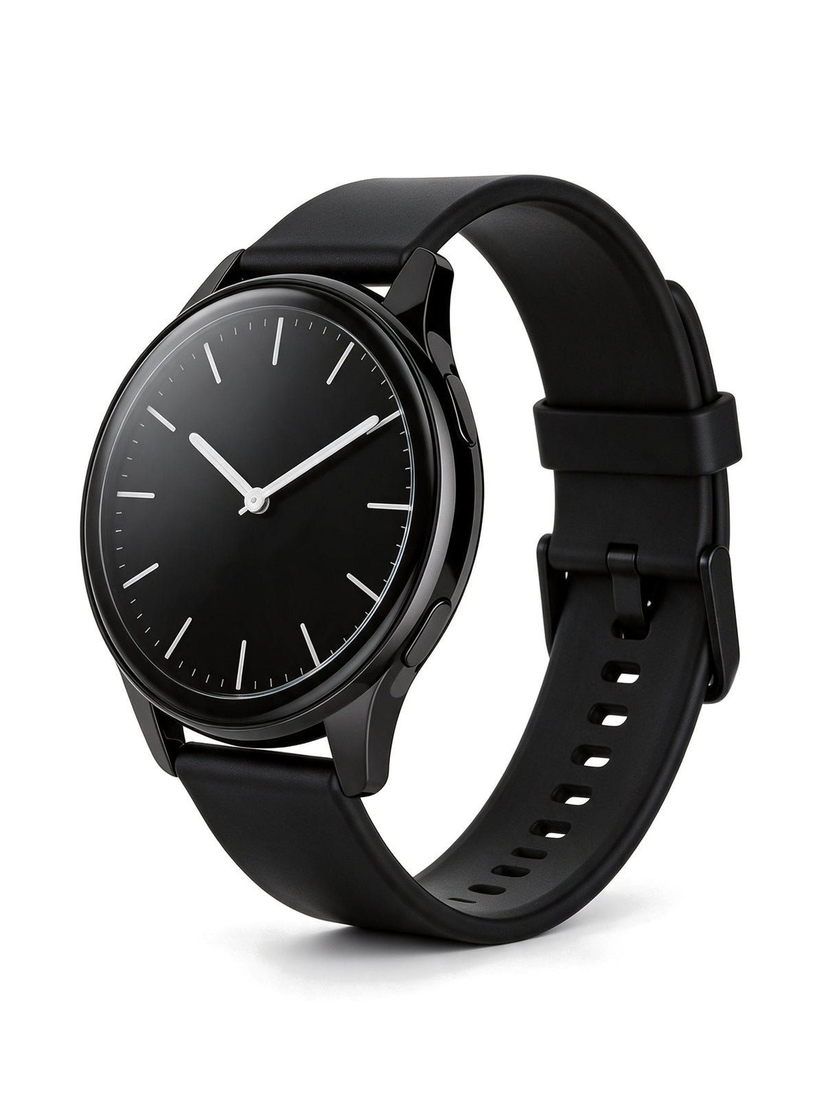 Round Smart Watch in Black with silicone strap — product shot on white