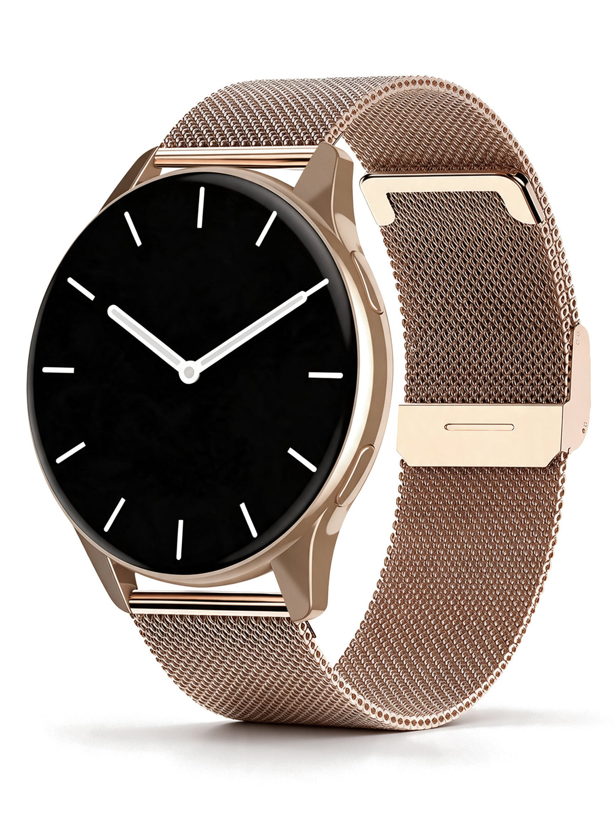 Round Smart Watch in Gold with mesh strap — product shot on white