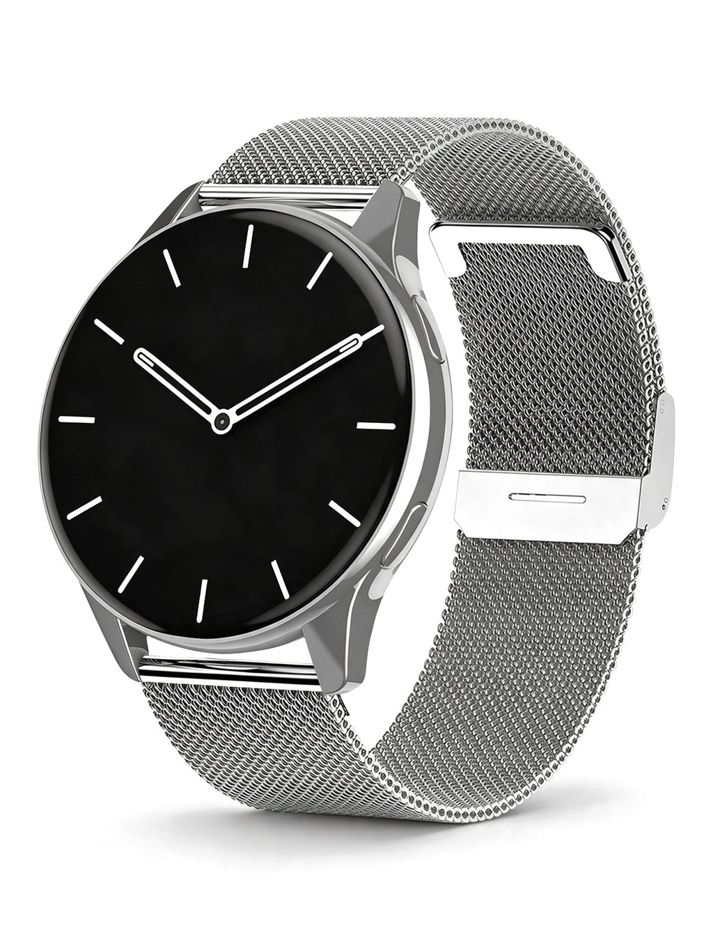 Round Smart Watch in Silver with mesh strap — product shot on white