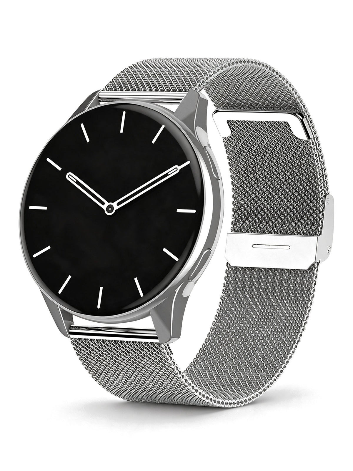 Round Smart Watch in Silver with mesh strap — product shot on white