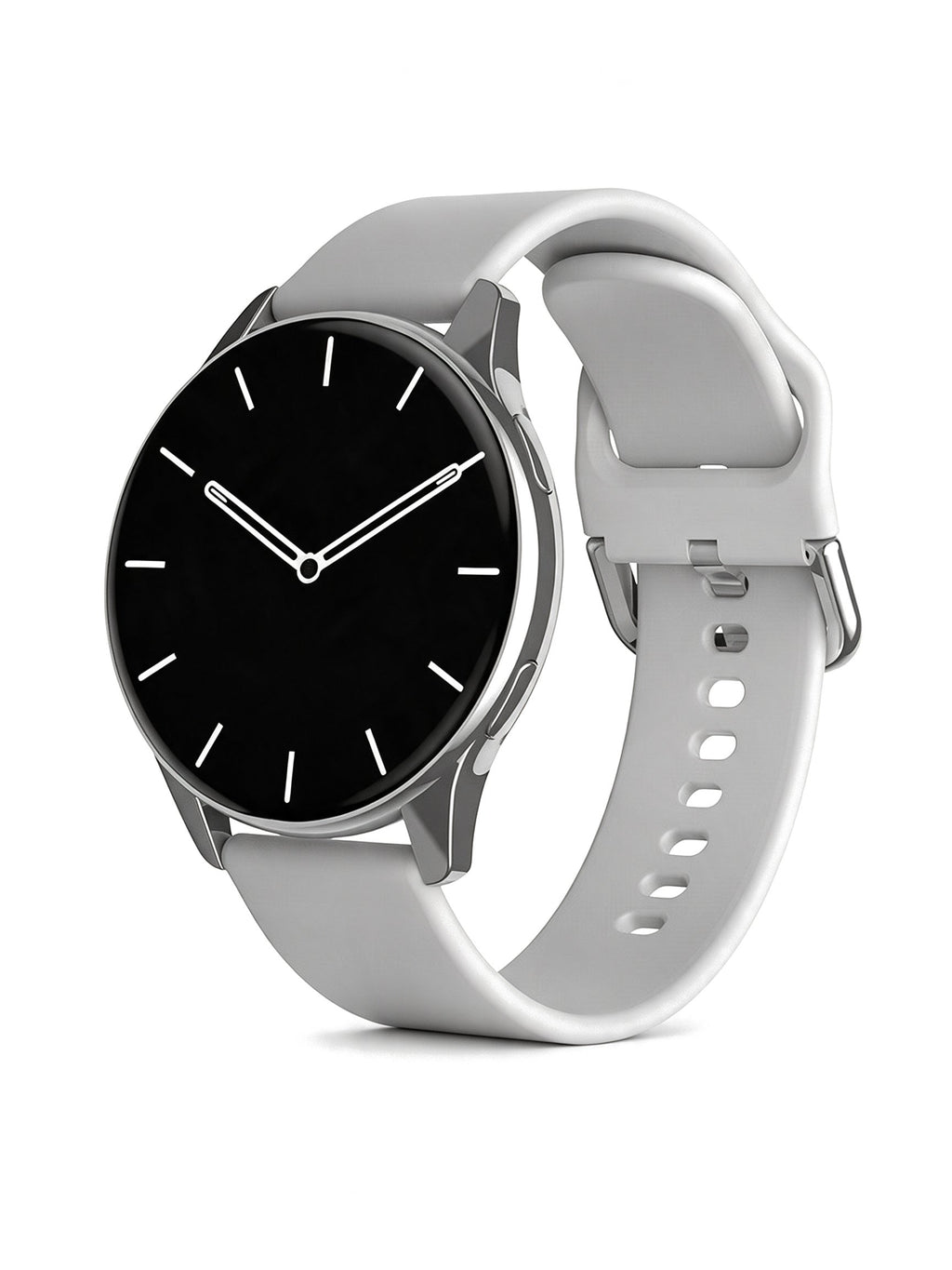 Round Smart Watch in Silver with silicone strap — product shot on white