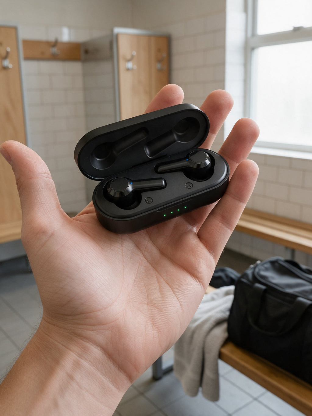 Wireless Sports Earbuds — pocket-size charging case in hand