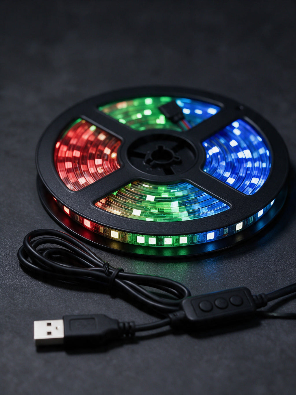 USB LED TV Backlight Strip — close-up of the RGB LEDs and 3-button controller