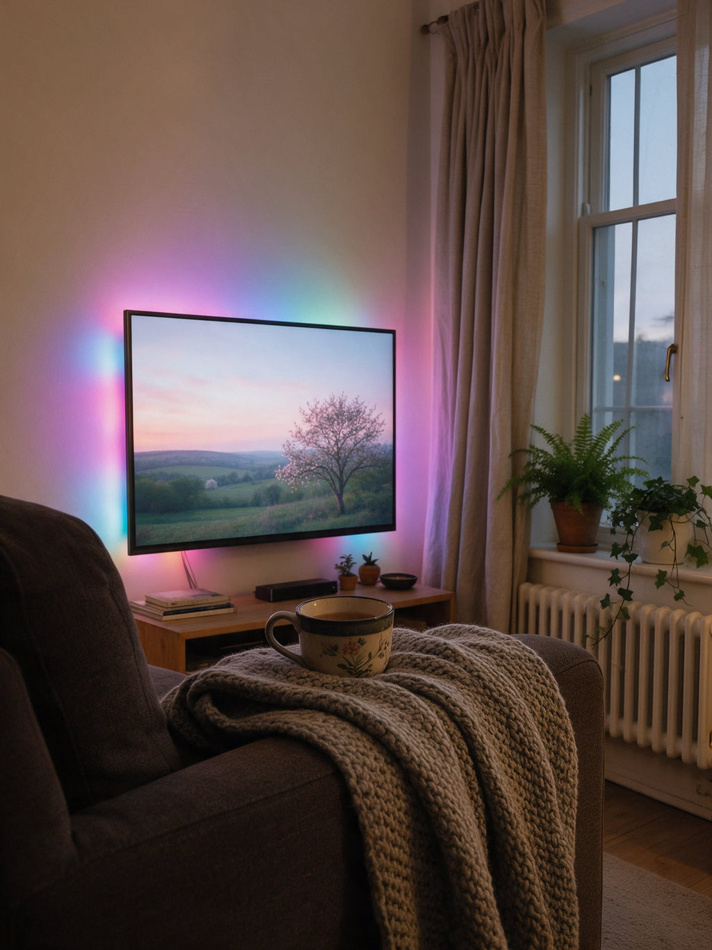 USB LED TV Backlight Strip — in use, glowing behind a wall-mounted TV in a cosy living room