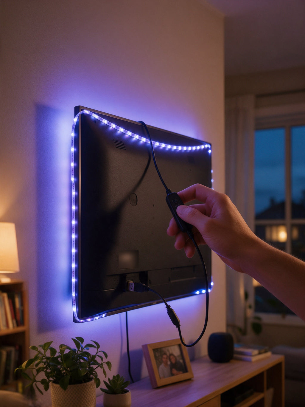 USB LED TV Backlight Strip — powered from the TV USB port, colour changed on the controller